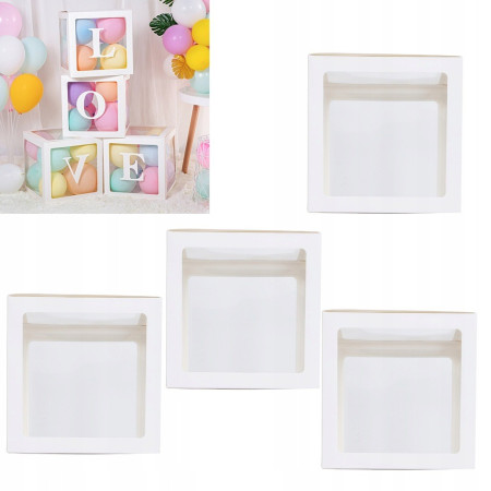 Set 4 Cutii pentru Baloane, Flippy, Model Simplu, Tematica Aniversare, Cuburi Decorative din Plastic, Accesorii pentru Petrecere, 30 x30 cm, Transparente Contur Alb