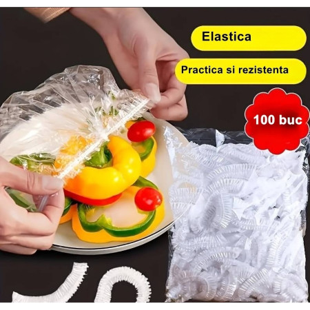 Set 100 Folie de Protectie Elastica pentru Alimente si Boluri Flippy, material plastic, prospetime, diametrul 12 - 40 cm