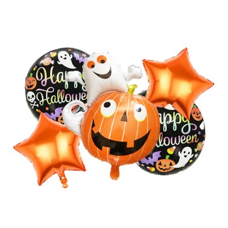 Set 5 Baloane din Folie Metalizata, Flippy, Figurine, Tema Halloween, Pai Inclus, Ambalaj Individual, Umflare cu Aer sau Heliu, Figurina Dovleac cu Fantoma 64x80 cm, Stelute si Cerculete 45 cm, Multicolor