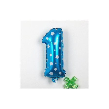 Balon din Folie Metalizata Flippy, Figurina Cifra, Imprimeu Stele, Tema Aniversare 80 cm, Ambalaj Individual, Pai inclus, Umflare cu Aer sau Heliu, Albastru, Cifra 1