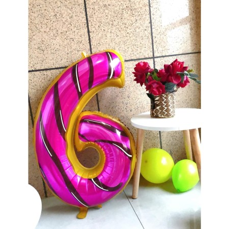 Balon din Folie Metalizata Flippy, Figurina Cifra, Imprimeu Gogosi, Tema Aniversare 100 cm, Ambalaj Individual, Pai inclus, Umflare cu Aer sau Heliu, Multicolor, Cifra 6