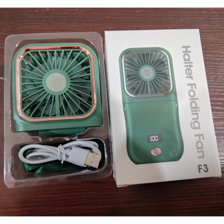 Ventilator Portabil Flippy, 3 in 1, de Mana, de Gat, de Birou, 16.7 x 8 x 1.9 cm, 3 Trepte de Viteza, Incarcare USB, Pliabil, Afisaj Digital, Suport Telefon, Verde