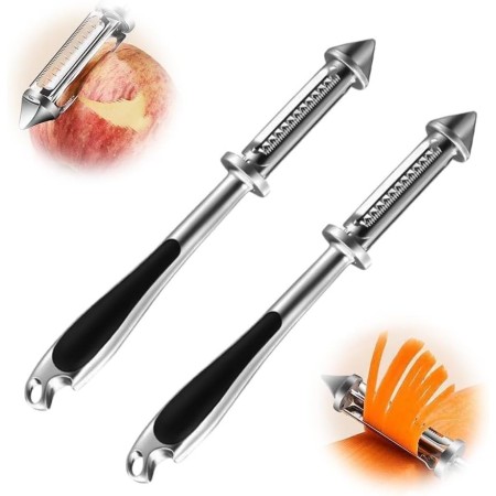 Peeler 2in1 pentru Legume si Fructe, Flippy, Multifunctional, cu 2 Lame de Curatati si Feliat, Varf Ascutit pentru Gaurit, 18 cm, din Otel Inoxidabil, Argintiu/Negru