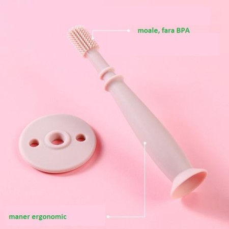 Periuta de Dinti din Silicon pentru Bebelusi, Flippy, fara BPA, 360 Grade, Bariera Anti-Inghitire, Maner Ergonomic, 12.5 x 15 cm, Roz