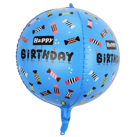 Balon din Folie Metalizata, Flippy, Figurine 4D, Model Happy Birthday, Tematica Aniversara Bombonele, 63x24 cm, Ambalaj Individual, Pai Inclus, Umflare cu Aer sau Heliu, Albastru