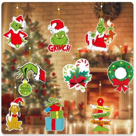 Set 18 Decoratiuni de Craciun din Lemn, Flippy, cu Snur pentru Agatare in Brad, Model Grinch, Diferite Dimensiuni, Multicolor