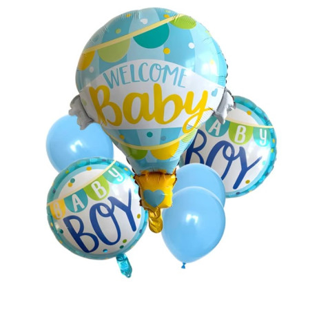 Balon din Folie Metalizata, Flippy, Mini Figurine, Model Balon cu Aer Cald Baietel, Tematica Welcome Baby, 80x62 cm, Ambalaj Individual, Pai Inclus, Umflare cu Aer sau Heliu, Albastru