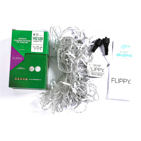 Componenta Instalatie de Craciun Flippy® Tip Franjuri, 8 jocuri de lumini Sectiune 5 m, 143 LED-uri, Interconectabila, Fir Transparent, Alb Rece, Nu contine Transformator !