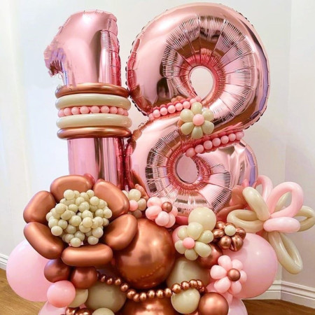 Balon din Folie Metalizata Flippy, Figurina Cifra, Tema Aniversare 40 cm, Ambalaj Individual, Pai inclus, Umflare cu Aer sau Heliu, Rose Gold, Cifra 8