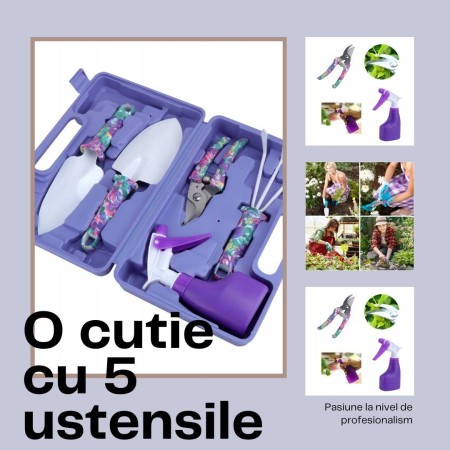 Set 5 accesorii pentru gradinarit Flippy, geanta depozitare inclusa, otel inoxidabil, 38 x 29 cm, mov