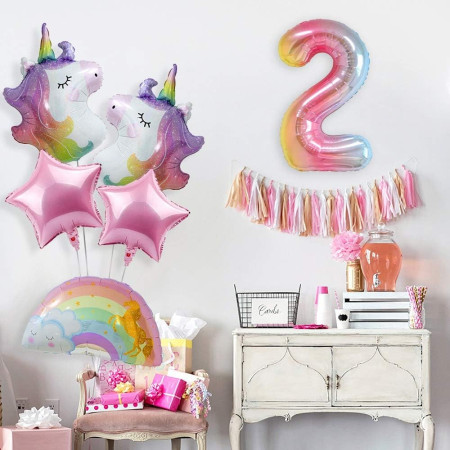 Balon din Folie Metalizata Gradient Flippy, Figurina Cifra, Tema Aniversare 100 cm, Ambalaj Individual, Pai inclus, Umflare cu Aer sau Heliu, Multicolor, Cifra 2