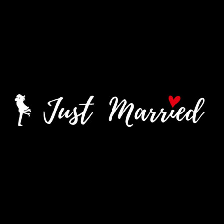 Sticker Autocolant, Flippy, Tematica Nunta, Model Indragostiti, cu Scris Just Married, 50x11.5 cm, Alb