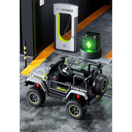 Mașină Electrică pentru Copii, Flippy, Off-Road, Conectare Bluetooth, telecomandă, Tracțiune Integrală, Lumina Intermitenta, Baterie 12V 7Ah, 120x63x68cm, Gri