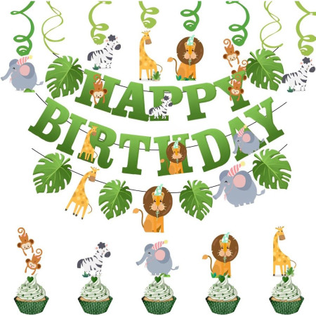 Banner Happy Birthday 100x200 cm, Flippy, Rola de Ata Inclusa, Tematica Jungle, Verde