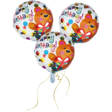 Balon din Folie Metalizata, Flippy, Mini Figurina Rotunda, Model Happy Birthday Ursulet, Tema Aniversare, 45 cm, Ambalaj Individual, Pai inclus, Umflare cu Aer sau Heliu, Maro