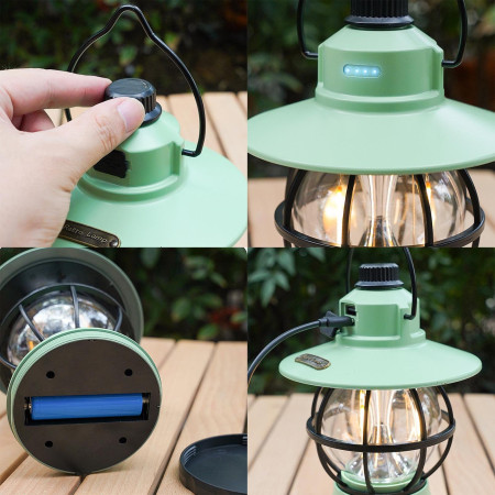 Lampă de camping retro portabilă, Felinar Vintage LED ABS,  Acumulator inclus 1200 mAh, reincarcabila, 3 moduri de iluminare, intensitate reglabila,Lampa portabila pentru cort în aer liber,  Mint