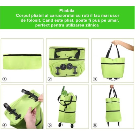 Geanta Pliabila, Flippy, 2 in 1, Carucior cu Roti, pentru Cumparaturi, 19 l, Verde, Plastic, 39 x 46 x 12 cm