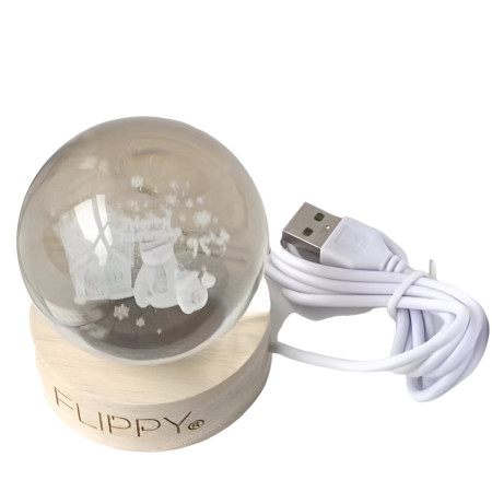 Lampa LED Decorativa, Flippy, cu Bila de Cristal cu Diametru 6cm, Model Merry Christmas 3D, Alimentare USB, Suport din Lemn, Lumina Alb Cald