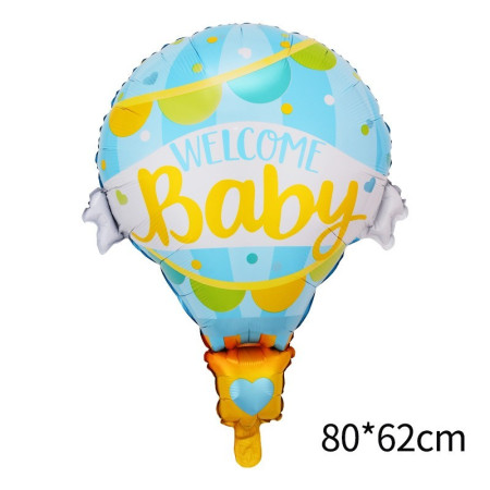 Balon din Folie Metalizata, Flippy, Mini Figurine, Model Balon cu Aer Cald Baietel, Tematica Welcome Baby, 80x62 cm, Ambalaj Individual, Pai Inclus, Umflare cu Aer sau Heliu, Albastru