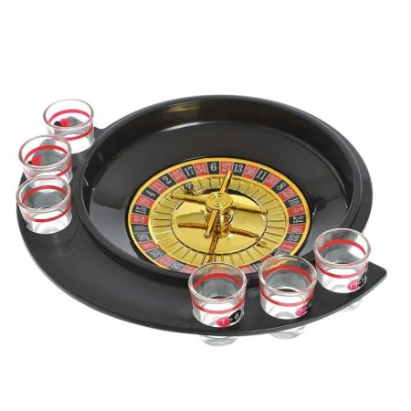 Joc de Baut Ruleta Flippy, cu 6 Pahare de Shot din Sticla , 30 x 26.5 x 6.5 cm, Rosu/Negru