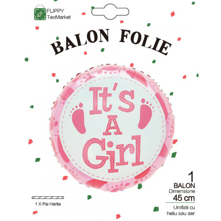 Balon din Folie Metalizata, Flippy, Figurina Rotunda, Model It's a Girl, Tema Gender Reveal, 45 cm, Ambalaj Individual, Pai Inclus, Umflare cu Aer sau Heliu, Roz