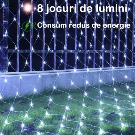 Instalatie Craciun Yoto, Tip Plasa, 1.5 m x 1.5 m, 120 LED-uri, Prelungitor 1.5 m, 8 Jocuri de Lumini, Interconectabila, Fir transparent, Interior/Exterior, Alb Rece