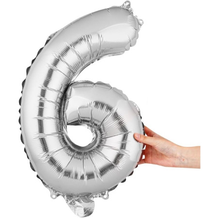 Balon din Folie Metalizata Flippy, Figurina Cifra, Tema Aniversare 40 cm, Ambalaj Individual, Pai inclus, Umflare cu Aer sau Heliu, Argintiu, Cifra 6