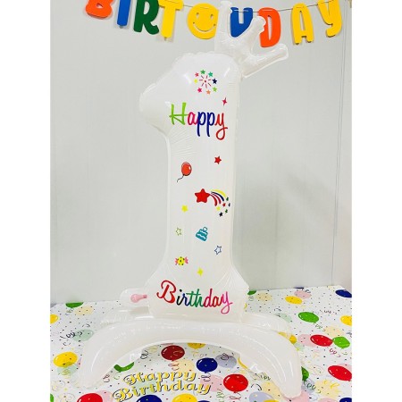 Balon din Folie Metalizata, Flippy, Figurina Cifra, Model 1 cu Happy Birthday Scris, Tema Aniversare 81 cm, Ambalaj Individual, Pai Inclus, Umflare cu Aer sau Heliu, Alb