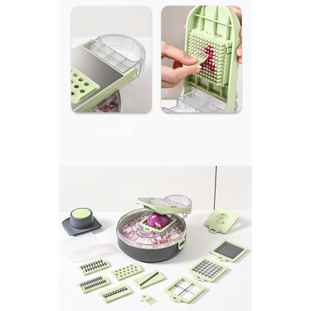 Feliator Multifunctional, Flippy, Razatoare, 8 in 1, pentru Fructe si Legume, 12 Piese, Lame de Inox, Recipient Stocare, Separator Oua, Protectie Mana, ABS, Gri/Verde, 29.5x9x21.8 cm