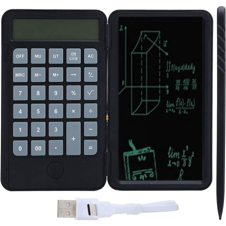 Calculator de Mana Reincarcabil cu Tabla de Scris, Flippy, Calculator Portabil, Ecran LCD, Afisaj cu 12 Cifre, Ecran de 15 cm, Culoare Negru