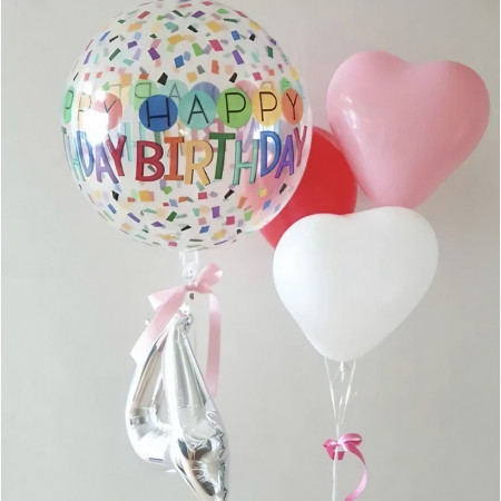 Balon din Folie Metalizata, Flippy, Figurine 4D, Model Happy Birthday, Tematica Aniversara Bombonele, 63x24 cm, Ambalaj Individual, Pai Inclus, Umflare cu Aer sau Heliu, Alb-Multicolor