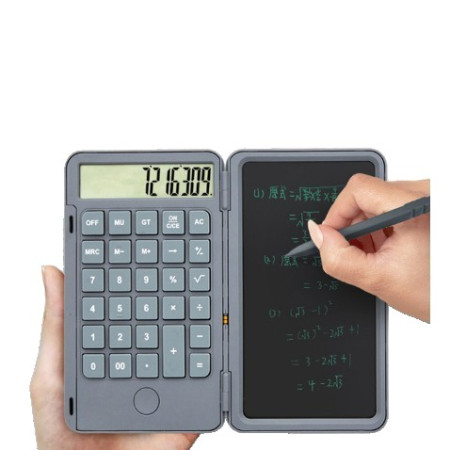 Calculator de Mana Reincarcabil cu Tabla de Scris, Flippy, Calculator Portabil, Ecran LCD, Afisaj cu 12 Cifre, Ecran de 15 cm, Culoare Gri