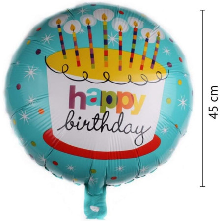 Balon din Folie Metalizata, Flippy, Mini Figurina Rotunda, Model Happy Birthday Tort, Tema Aniversare, 45 cm, Ambalaj Individual, Pai inclus, Umflare cu Aer sau Heliu, Albastru