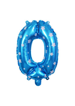 Balon din Folie Metalizata Flippy, Figurina Cifra, Imprimeu Stele, Tema Aniversare 80 cm, Ambalaj Individual, Pai inclus, Umflare cu Aer sau Heliu, Albastru, Cifra 0