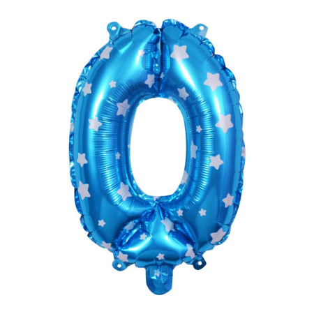 Balon din Folie Metalizata Flippy, Figurina Cifra, Imprimeu Stele, Tema Aniversare 80 cm, Ambalaj Individual, Pai inclus, Umflare cu Aer sau Heliu, Albastru, Cifra 0