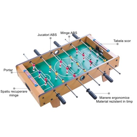 Mini Masa de Fotbal cu Teren si 18 Jucatori Flippy, 6 Manere, cu Tablou pentru Scor, din Metal, Lemn si ABS, 50 x 25 x 16 cm, cu Picioruse, pentru copii/adulti