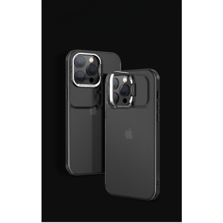 Husa de protectie pentru iPhone 14, cu suport metalic pentru camera, Bracket Series, Flippy, Protectie Antisoc, PC mat, silicon moale pe margini, Negru