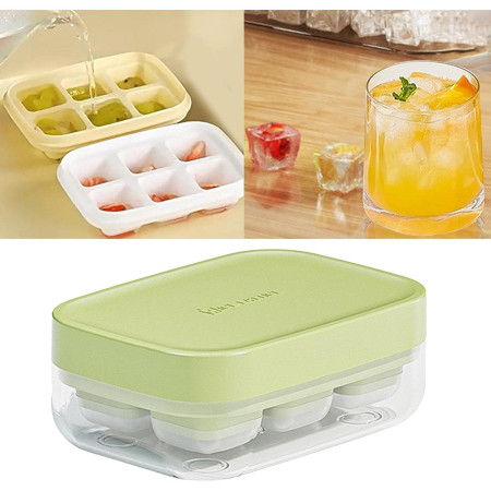 Forma pentru gheata cu presa Flippy, din silicon alimentar, 6 cuburi, caserola pentru depozitare, usor de folosit si curatat, 10.5 x 7.5 x 4.1 cm, verde