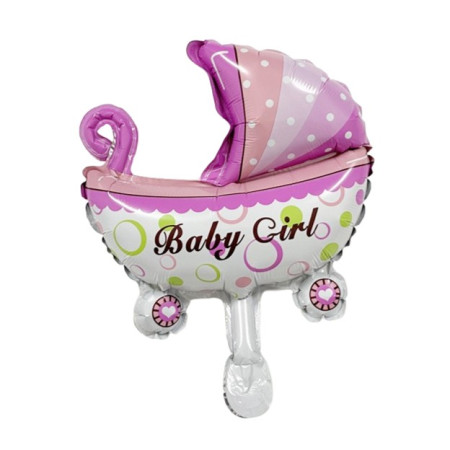 Balon din Folie Metalizata, Flippy, Mini Figurina, Model Carucior Bebelus, Tematica Gender Reveal, 39x29 cm, Ambalaj Individual, Pai Inclus, Umflare cu Aer sau Heliu, Roz