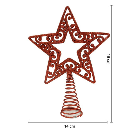 Varf decorativ de brad, Rosu, in forma de Stea, decupata in centru, din Plastic/Metal, 14 cm x 19 cm, Interior/Exterior, Flippy