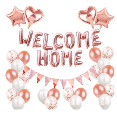 Set 24 de piese baloane folie si latex, 20 baloane latex, 4 baloane folie, 1 set Welcome Home, Rose gold