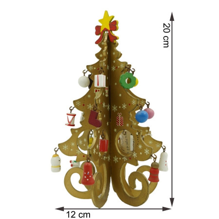 Decoratiune Craciun, Brad, Auriu, 6 cavitati cu ornamente, 12 cm x 20 cm, Lemn, Flippy