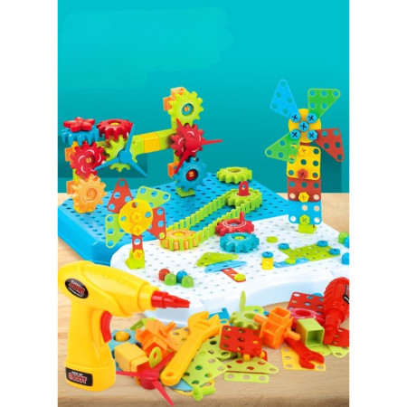 Jucarie Educativa Si Interactiva, Flippy, Set De Constructie Puzzle Din ABS Cu Bormasina Pentru Dezvoltatea Creativitatii Si A Indemanarii 2D si 3D, Valiza, +3, 31x7x25 cm, 336 Piese