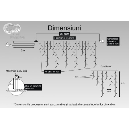 Instalatie Craciun, 35 m, 1001 Led-uri ,Franjuri, Albastru, Flash, Transformator cu telecomanda, Interconectabila, Prelungitor 3 m inclus, Fir Transparent, Flippy