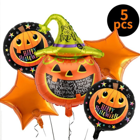 Set 5 Baloane din Folie Metalizata, Flippy, Figurine, Tema Halloween, Pai Inclus, Ambalaj Individual, Umflare cu Aer sau Heliu, Figurina Dovleac 54x87 cm, Stelute si Cerculete 45 cm, Multicolor