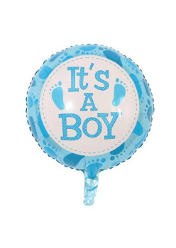 Balon din Folie Metalizata, Flippy, Figurina Rotunda, Model It's a Boy, Tema Gender Reveal, 45 cm, Ambalaj Individual, Pai Inclus, Umflare cu Aer sau Heliu, Albastru