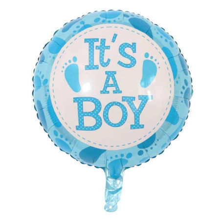 Balon din Folie Metalizata, Flippy, Figurina Rotunda, Model It's a Boy, Tema Gender Reveal, 45 cm, Ambalaj Individual, Pai Inclus, Umflare cu Aer sau Heliu, Albastru