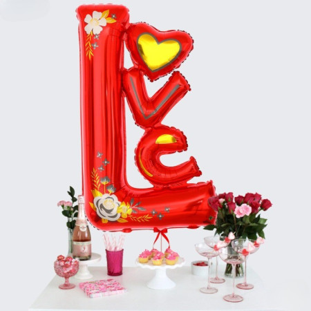 Balon din Folie Metalizata, Flippy, Figurine, Model LOVE, Tematica Iubire, 110x64 cm, Ambalaj Individual, Pai Inclus, Umflare cu Aer sau Heliu, Rosu