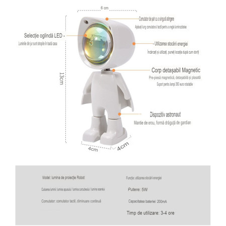 Lampa led cu proiectie apus de soare robotel cu cap magnetic,Flippy, inaltime 13 cm, pentru dormitor, camera zi, conectare pe USB, rotire 360 grade