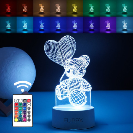 Lampa LED decorativa, Flippy, 3D, Ursulet cu balon inima, cu telecomanda, doua moduri de alimentare USB si baterii, 20 cm inaltime, din material acril si lumina multicolora, alb